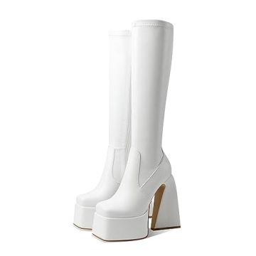 Mattiventon White Platform Boots for Women Stylish Chunky Heels