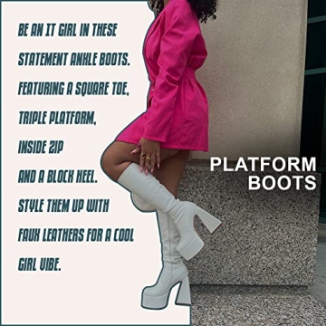 Mattiventon White Platform Boots for Women Stylish Chunky Heels