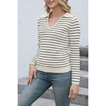 UNCLECAT Womens Striped Sweater V Neck Long Sleeve Tops Fall Winter Casual Knit Pullover Sweaters Cl...