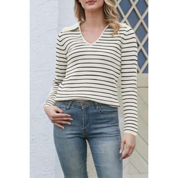 UNCLECAT Womens Striped Sweater V Neck Long Sleeve Tops Fall Winter Casual Knit Pullover Sweaters Clothes Beige