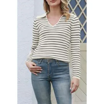 UNCLECAT Womens Striped Sweater V Neck Long Sleeve Tops Fall Winter Casual Knit Pullover Sweaters Clothes Beige