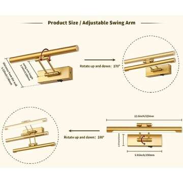 7Degobii Battery Operated Picture Lights with Remote and Timer,Wireless Art Light for Paintings with Adjustable Swing Arm Gold Gallery Lights 12in Rechargeable Wall Sconce