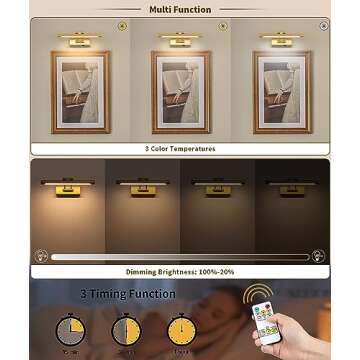 7Degobii Battery Operated Picture Lights with Remote and Timer,Wireless Art Light for Paintings with Adjustable Swing Arm Gold Gallery Lights 12in Rechargeable Wall Sconce