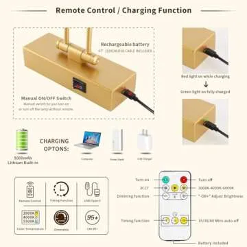 7Degobii Battery Operated Picture Lights with Remote and Timer,Wireless Art Light for Paintings with Adjustable Swing Arm Gold Gallery Lights 12in Rechargeable Wall Sconce