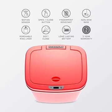 Ninestars DZT-12-5RS Bedroom or Bathroom Automatic Touchless Infrared Motion Sensor Trash Can, 3 Gal 12 L, ABS Plastic (Rectangular, Rose) Trashcan