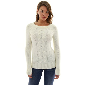 PatttyBoutik Women Crewneck Cable Knit Pullover Sweater Ivory