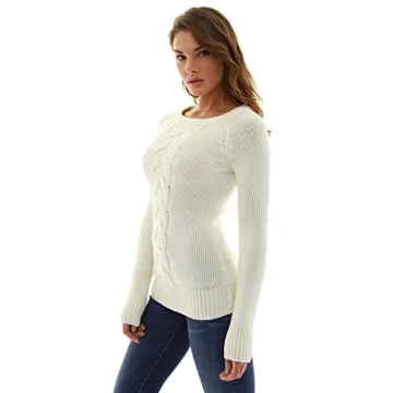 PatttyBoutik Women Crewneck Cable Knit Pullover Sweater Ivory