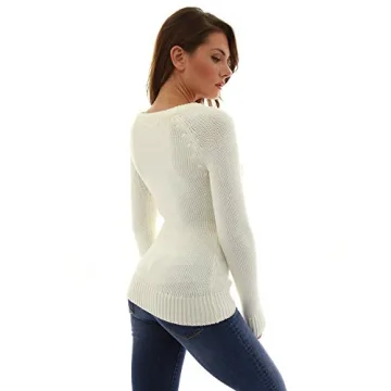 PatttyBoutik Women Crewneck Cable Knit Pullover Sweater Ivory