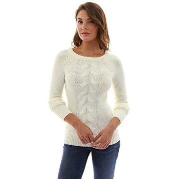 PatttyBoutik Women Crewneck Cable Knit Pullover Sweater Ivory