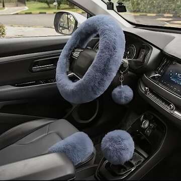 Valleycomfy 4PCS Set Fluffy Steering Wheel Cover with Handbrake Cover & Gear Shift Cover Fuzzy Steer...