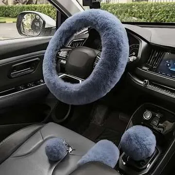 Valleycomfy 4PCS Set Fluffy Steering Wheel Cover with Handbrake Cover & Gear Shift Cover Fuzzy Steering Wheel Cover for Women Plush Car Wheel Cover Universal Fit 15 Inch Gray