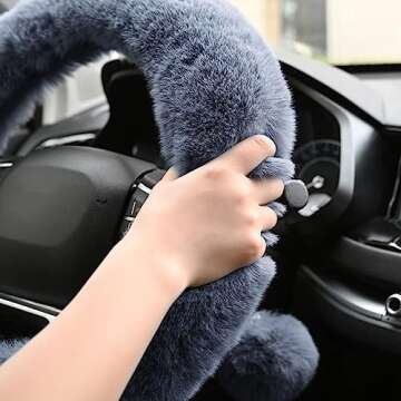 Valleycomfy 4PCS Set Fluffy Steering Wheel Cover with Handbrake Cover & Gear Shift Cover Fuzzy Steering Wheel Cover for Women Plush Car Wheel Cover Universal Fit 15 Inch Gray