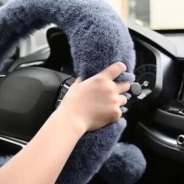 Valleycomfy 4PCS Set Fluffy Steering Wheel Cover with Handbrake Cover & Gear Shift Cover Fuzzy Steering Wheel Cover for Women Plush Car Wheel Cover Universal Fit 15 Inch Gray