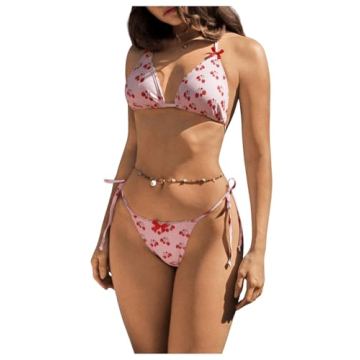 GORGLITTER Women's Cherry Thong Bikini Halter Triangle Tie Side Swimsuit - Pink Medium