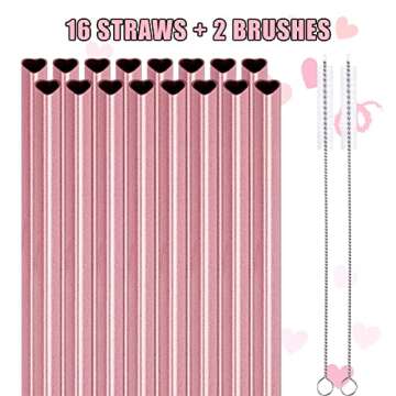 NiHome Reusable Straws 16 Pack, Stainless Steel Drinking Straws, Heart Shaped Metal Straw Bulks with 2 Cleaning Brushes for Smoothies Tumblers Cocktail MilkShake, Pearl Pink