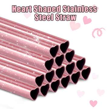 NiHome Reusable Straws 16 Pack, Stainless Steel Drinking Straws, Heart Shaped Metal Straw Bulks with 2 Cleaning Brushes for Smoothies Tumblers Cocktail MilkShake, Pearl Pink