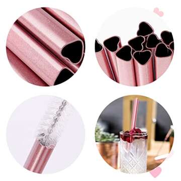 NiHome Reusable Straws 16 Pack, Stainless Steel Drinking Straws, Heart Shaped Metal Straw Bulks with 2 Cleaning Brushes for Smoothies Tumblers Cocktail MilkShake, Pearl Pink