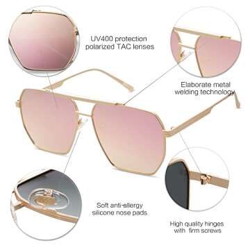 SOJOS Retro Oversized Square Polarized Sunglasses for Women and Men Vintage Shades Classic Large Metal Sun Glasses with Gold/Mirror Pink Lens