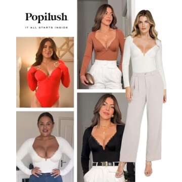 Popilush Long Sleeve Lace Body Suits Womens Shapewear Bodysuit Deep V Neck Black Tummy Control Corse...