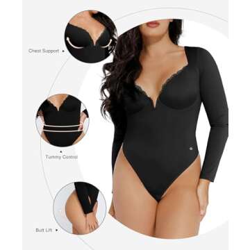 Popilush Long Sleeve Lace Body Suits Womens Shapewear Bodysuit Deep V Neck Black Tummy Control Corset Trendy Going Out Tops