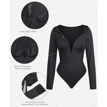 Popilush Long Sleeve Lace Body Suits Womens Shapewear Bodysuit Deep V Neck Black Tummy Control Corset Trendy Going Out Tops