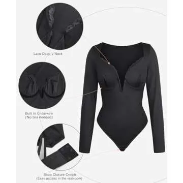 Popilush Long Sleeve Lace Body Suits Womens Shapewear Bodysuit Deep V Neck Black Tummy Control Corset Trendy Going Out Tops