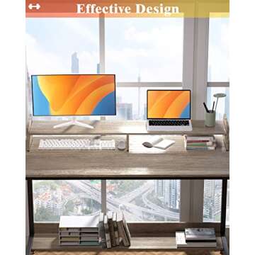 WOODYNLUX Computer Desk for Home-Office with Storage-Shelves - Modern Simple Style Metal Frame Laptop Notebook PC Study Writing Student Makeup Table Desk with Monitor Stand Footrest, Easy to Assemble.