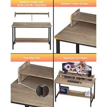 WOODYNLUX Computer Desk for Home-Office with Storage-Shelves - Modern Simple Style Metal Frame Laptop Notebook PC Study Writing Student Makeup Table Desk with Monitor Stand Footrest, Easy to Assemble.