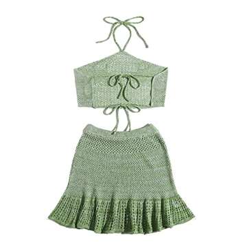 SOLY HUX Women's Halter Top and Ruffle Hem Skirt Set 2 Piece Swimsuit Bikini Cover Up Green L