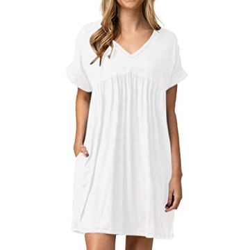 Jayscreate Women's Baby Doll Dress Summer Casual Tunic Pleated Flowy Swing Short Sleeve White V Neck Mini Dress with Pockets Loose Fit