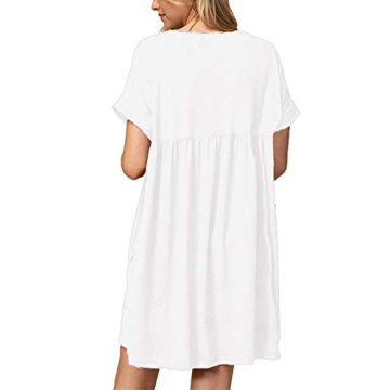 Jayscreate Women's Baby Doll Dress Summer Casual Tunic Pleated Flowy Swing Short Sleeve White V Neck Mini Dress with Pockets Loose Fit