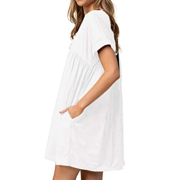 Jayscreate Women's Baby Doll Dress Summer Casual Tunic Pleated Flowy Swing Short Sleeve White V Neck Mini Dress with Pockets Loose Fit