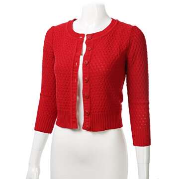 FLORIA Women's Button Down 3/4 Sleeve Crew Neck Cotton Knit Cropped Cardigan Sweater Red L
