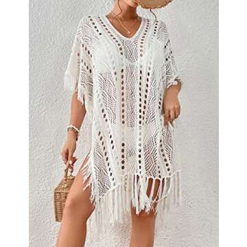 Bsubseach Crochet Coverups for Women Tassel Hollow Out Slit Swimsuit Coverup Bathing Suit Cover Up Beach Dress White