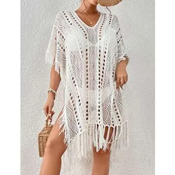 Bsubseach Crochet Coverups for Women Tassel Hollow Out Slit Swimsuit Coverup Bathing Suit Cover Up Beach Dress White
