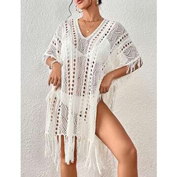 Bsubseach Crochet Coverups for Women Tassel Hollow Out Slit Swimsuit Coverup Bathing Suit Cover Up Beach Dress White