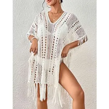 Bsubseach Crochet Coverups for Women Tassel Hollow Out Slit Swimsuit Coverup Bathing Suit Cover Up Beach Dress White