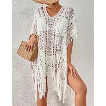 Bsubseach Crochet Coverups for Women Tassel Hollow Out Slit Swimsuit Coverup Bathing Suit Cover Up Beach Dress White