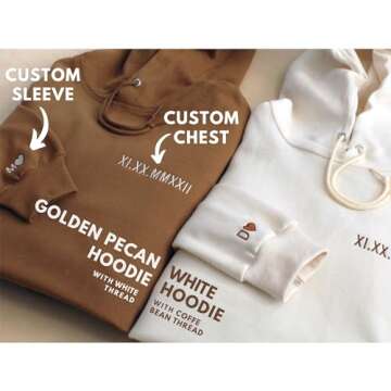 NAZENTI Custom Embroidered Roman Numeral Hoodie, Matching Hoodies for Couples, Custom Couples Hoodie...