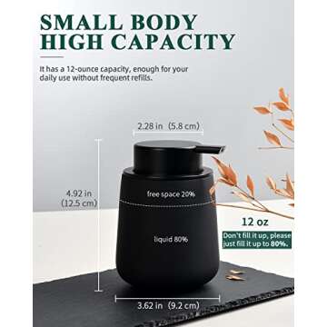 BosilunLife Black Soap Dispenser - Ceramic Hand Dish Soap Dispenser for Bathroom 12ounce Refillable Liquid Hand Soap Dispenser for Essential Oil, Lotion Dispenser with Pump (Rubber Paint)