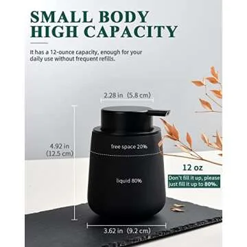 BosilunLife Black Soap Dispenser - Ceramic Hand Dish Soap Dispenser for Bathroom 12ounce Refillable Liquid Hand Soap Dispenser for Essential Oil, Lotion Dispenser with Pump (Rubber Paint)