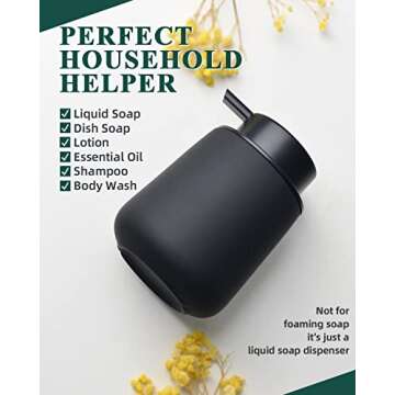 BosilunLife Black Soap Dispenser - Ceramic Hand Dish Soap Dispenser for Bathroom 12ounce Refillable Liquid Hand Soap Dispenser for Essential Oil, Lotion Dispenser with Pump (Rubber Paint)