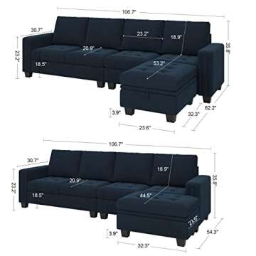 Belffin Velvet Reversible Sectional Sofa with Chaise Convertible L Shaped 4-seat Sectional Couch wit...
