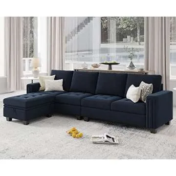 Belffin Velvet Reversible Sectional Sofa with Storage Ottoman