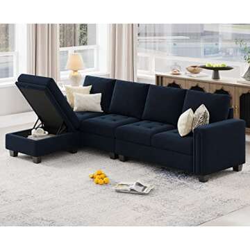 Belffin Velvet Reversible Sectional Sofa with Chaise Convertible L Shaped 4-seat Sectional Couch with Storage Ottoman Blue