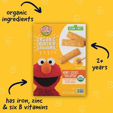 Earth's Best Organic Kids Snacks, Sesame Street Toddler Snacks, Organic Crunchin' Grahams for Toddle...