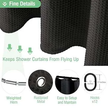 Dynamene Extra Long Shower Curtain,96 Inch Long Waffle Weave Heavy Duty Thick Cloth Bathroom Shower Curtain, Neutral Weighted Hotel Bath Curtain Set with 12 Plastic Hooks,72x96,Black