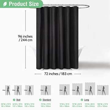 Dynamene Extra Long Shower Curtain,96 Inch Long Waffle Weave Heavy Duty Thick Cloth Bathroom Shower Curtain, Neutral Weighted Hotel Bath Curtain Set with 12 Plastic Hooks,72x96,Black