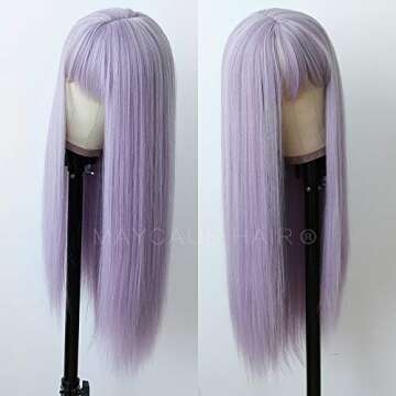 Maycaur Purple Color Synthetic Hair Wigs with Full Bangs Long Straight Women's Wig Heat Resistant Sy...