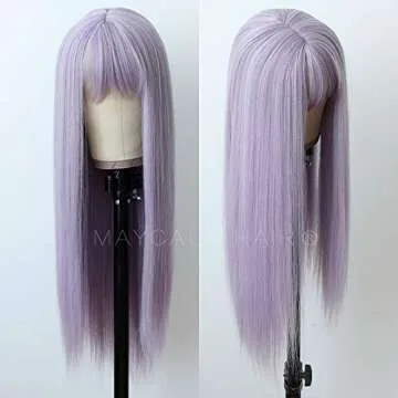 Maycaur Purple Color Synthetic Hair Wigs with Full Bangs Long Straight Women's Wig Heat Resistant Synthetic No Lace Wigs for Fashion Women 22 Inch